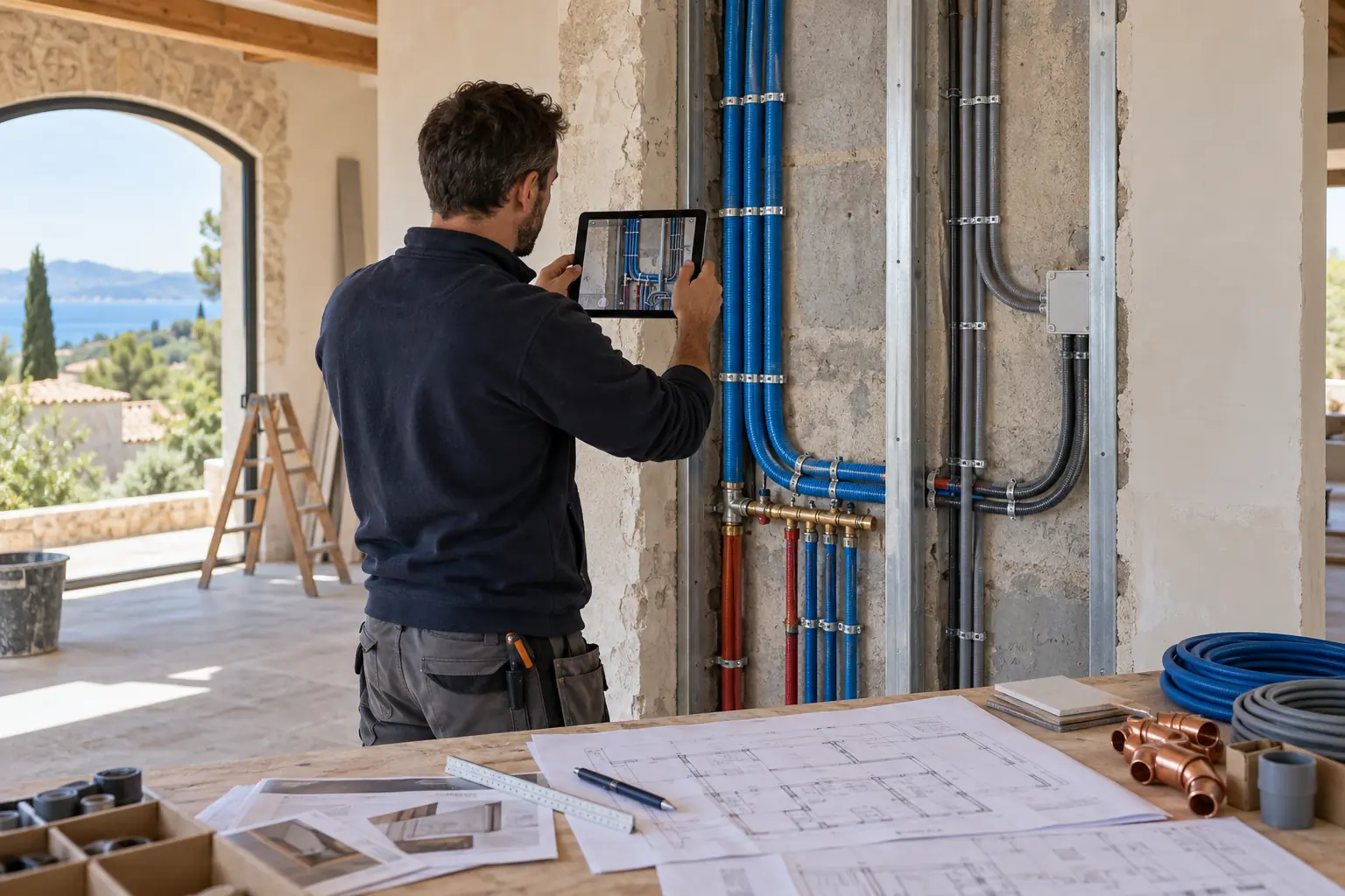 Photographie des canalisations et gaines techniques avant fermeture d’une paroi